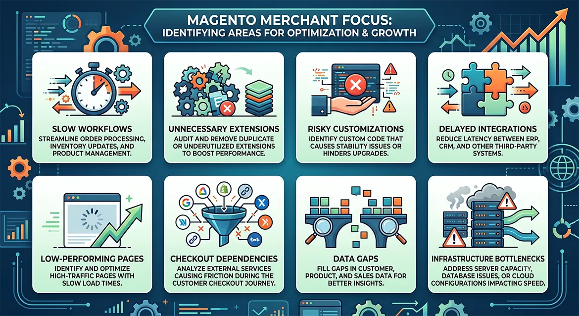 Magento performance audit infographic highlighting workflow, checkout, integrations, infrastructure and optimization issues