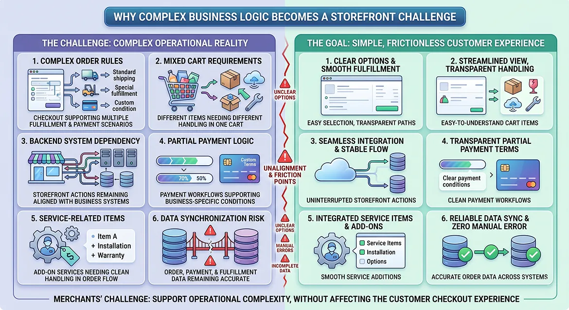 Magento checkout workflow diagram showing complex business logic and storefront experience challenges.