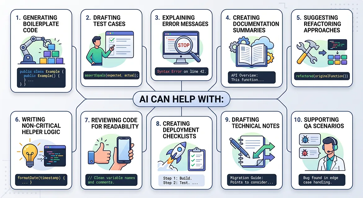 AI coding tasks for Magento developers including code generation, testing, documentation, code reviews, QA, and refactoring