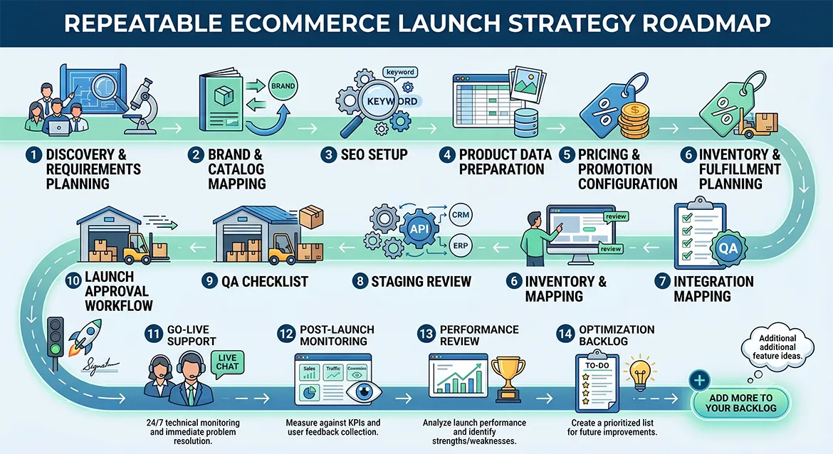 Multi-brand storefront launch roadmap covering SEO, product data, integrations, QA and optimization